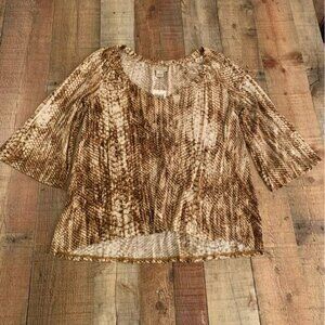 Lucky brand womens 3/4 bell sleeve top in brown and cream snake skin print -L
